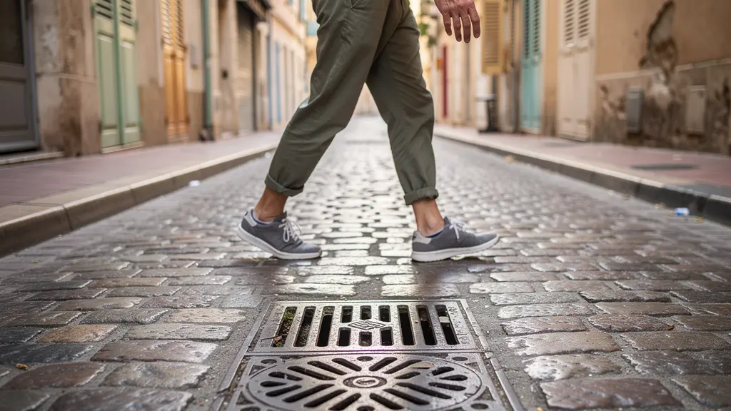 Rue pavée du vieux Marseille avec grille d'égout visible, point d'entrée typique des rats en milieu urbain