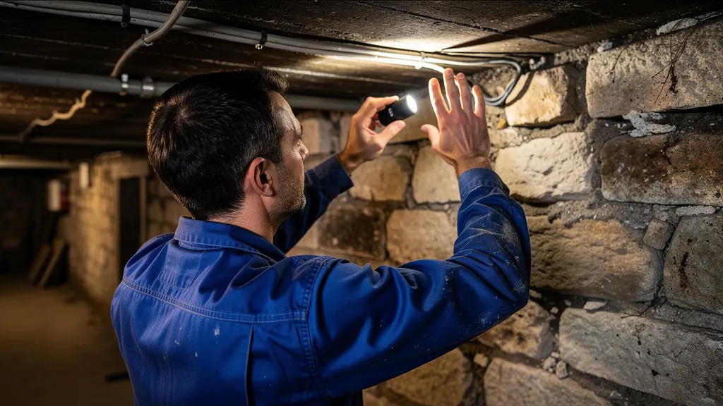 Technicien dératiseur inspectant une cave ancienne, intervention typique dans le centre de Marseille