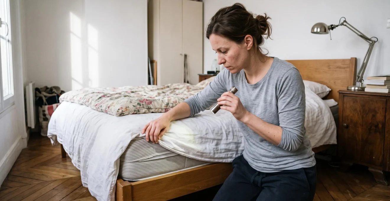 Une femme inspecte les coutures d'un matelas avec une lampe torche dans une chambre, à la recherche de signes de punaises de lit.