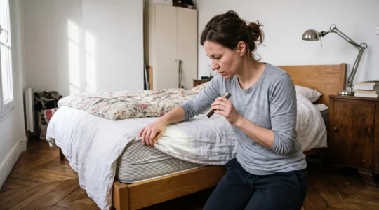Une femme inspecte les coutures d'un matelas avec une lampe torche dans une chambre, à la recherche de signes de punaises de lit.
