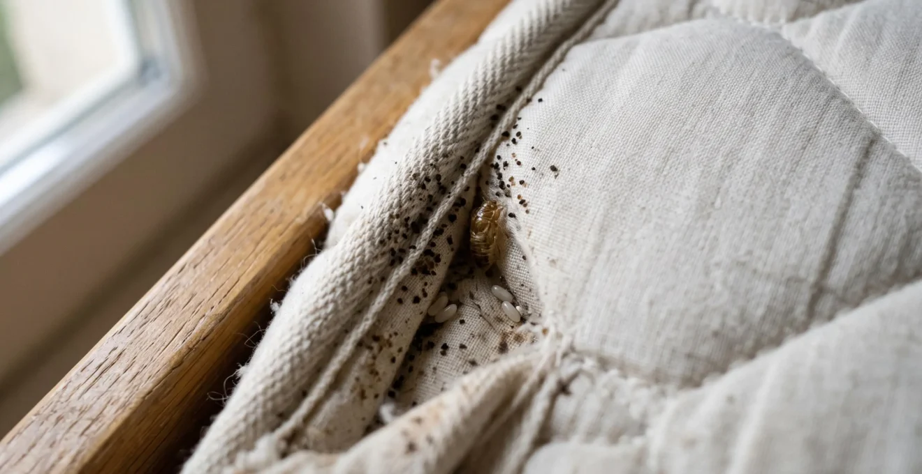 Gros plan sur une couture de matelas présentant des taches sombres, une mue et des œufs, indices d'une infestation naissante de punaises de lit.