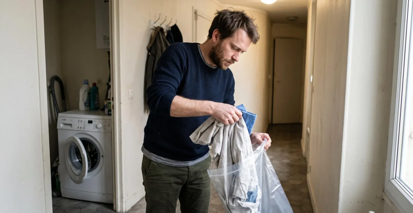 Un homme place un drap suspect dans un sachet plastique transparent dans le couloir de son appartement.